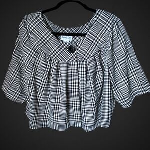 VTG Houndstooth Check Babydoll Blouse Size 16 Amanda Lane Y2K Cottagecore B&W